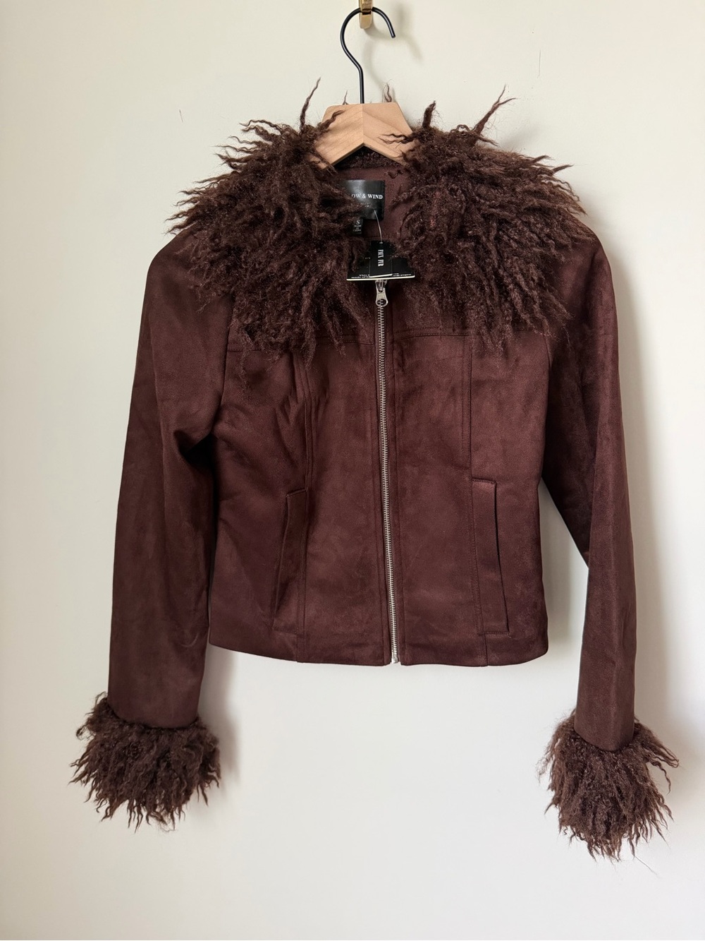 Dark Brown Faux Suede Fur-Trim Zip Front Jacket